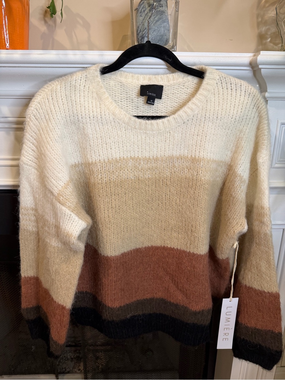 Lumiere Cream, Tan & Brown Striped Fuzzy Crewneck Sweater